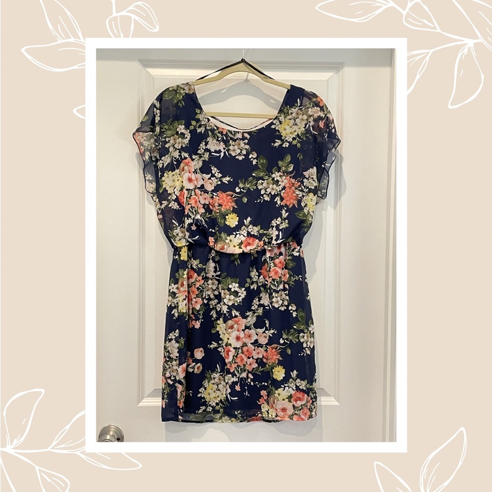 City Triangles Navy Floral Dress with Pink, Yellow, and Green Accents